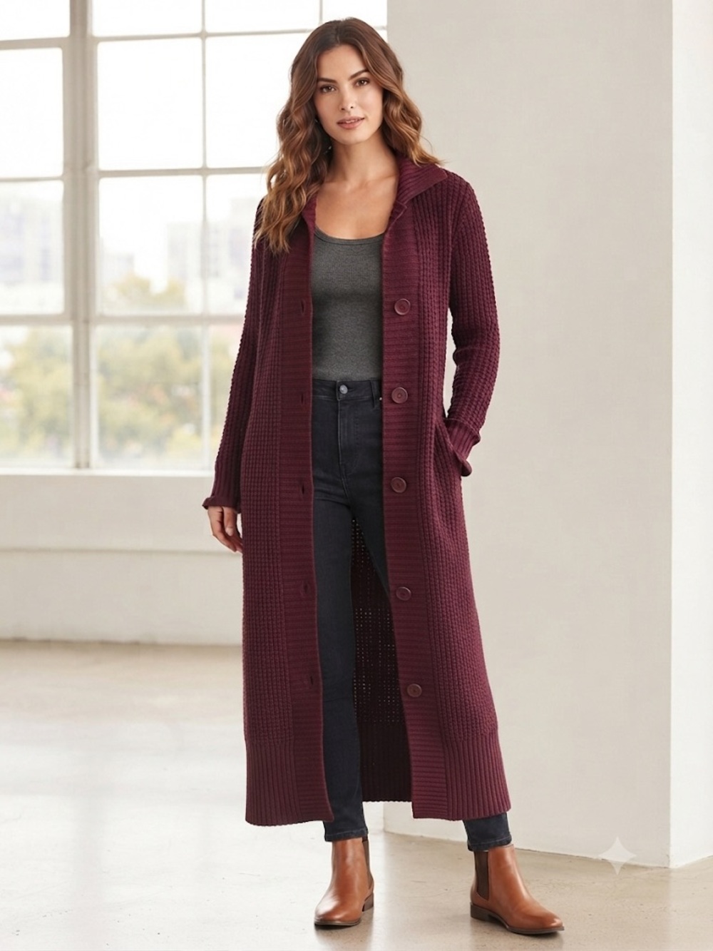 Long Waffle-Knit Button-Front Sweater Coatigan in Deep Berry